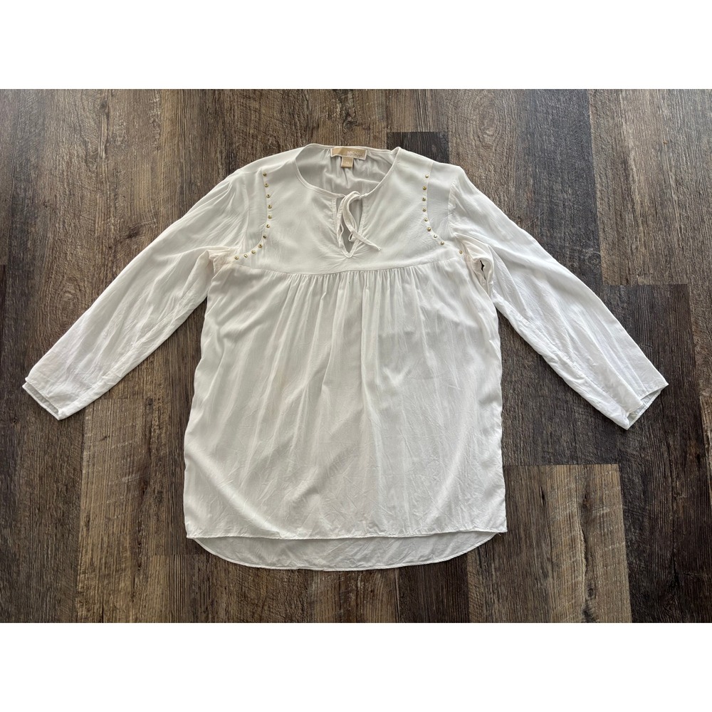 Michael Michael Kors White Studded Peasant Blouse Tie Neck Long‎ Sleeve XS